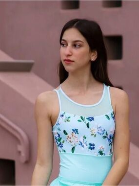 AXS Floral Mesh Yoke Light Aqua leotard